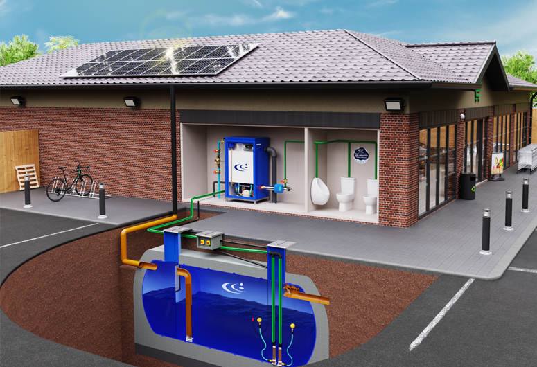 A rainwater harvesting diagram for a commercial system in a building
