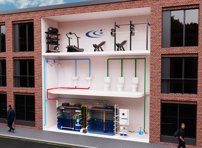 a diagram of a commercial greywater recycling system in a commercial office space