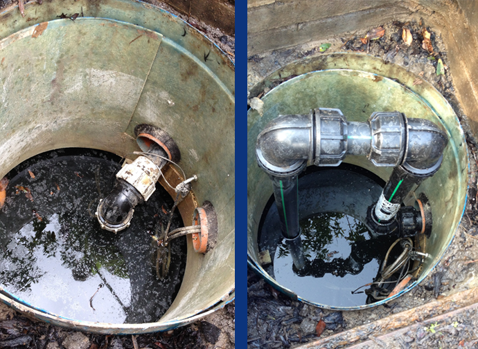 rainwater harvesting tank pipework upgrade before and after images.