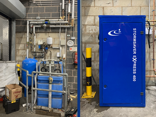 A rainwater harvesting system before and after it has been replaced