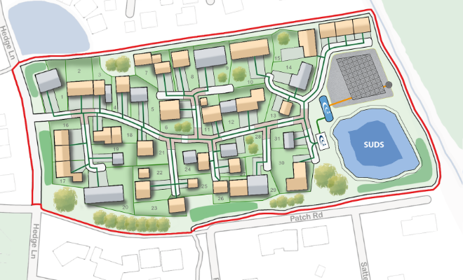 A housing development schematic in the UK with a communal rainwater harvesting system