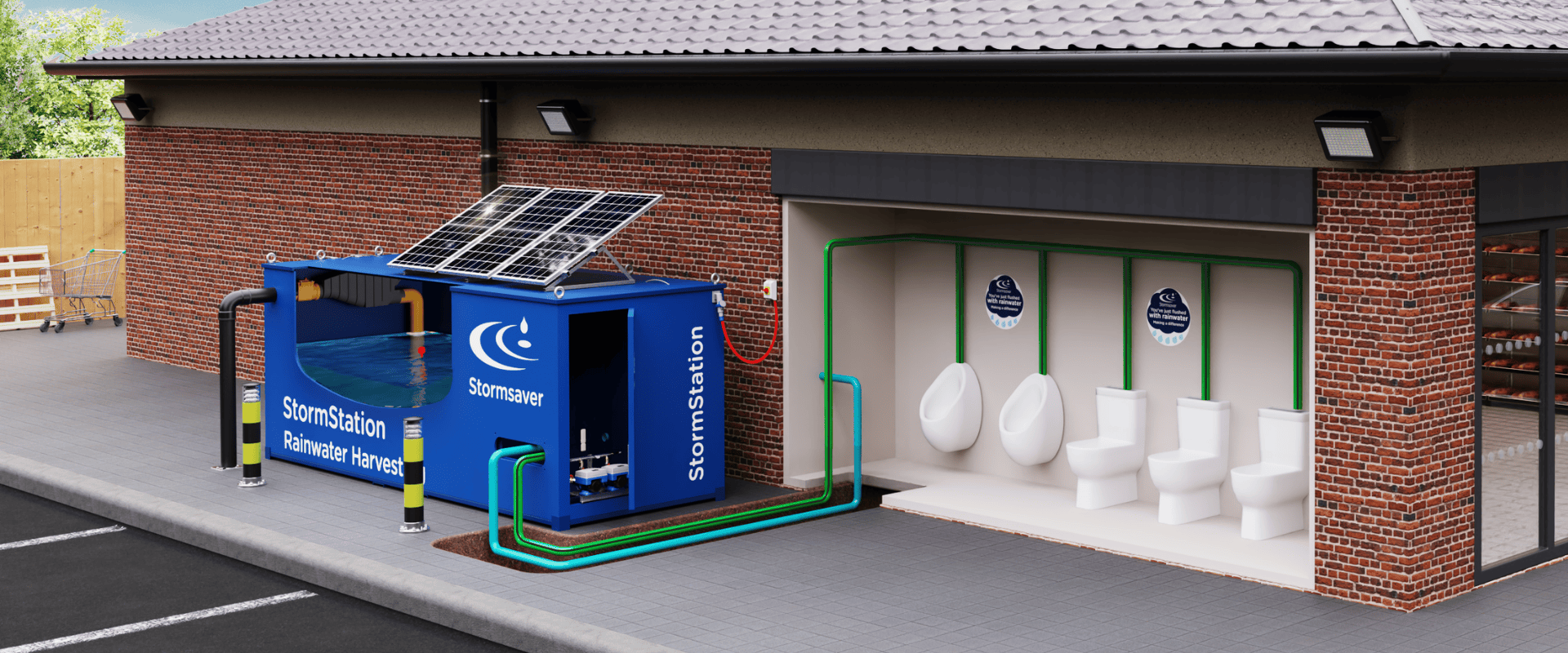 Rainwater harvesting schematic and diagram showing a typical rainwater harvesting system in the UK on a building. This is an above ground storage tank system collecting rainwater from the roof. Highlighting the benefits of rainwater harvesting.
