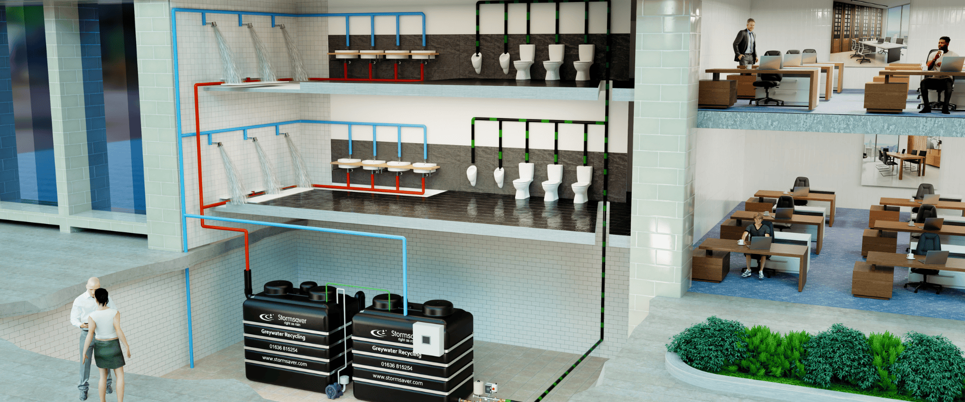 a diagram of a greywater recycling system in an office building in the UK
