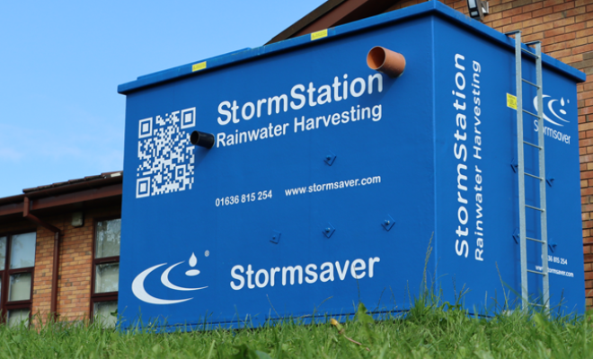 a water reuse system, specifically an above ground rainwater harvesting system, which has been installed in a school building in the UK. This serves toilets within the school with harvested rainwater.