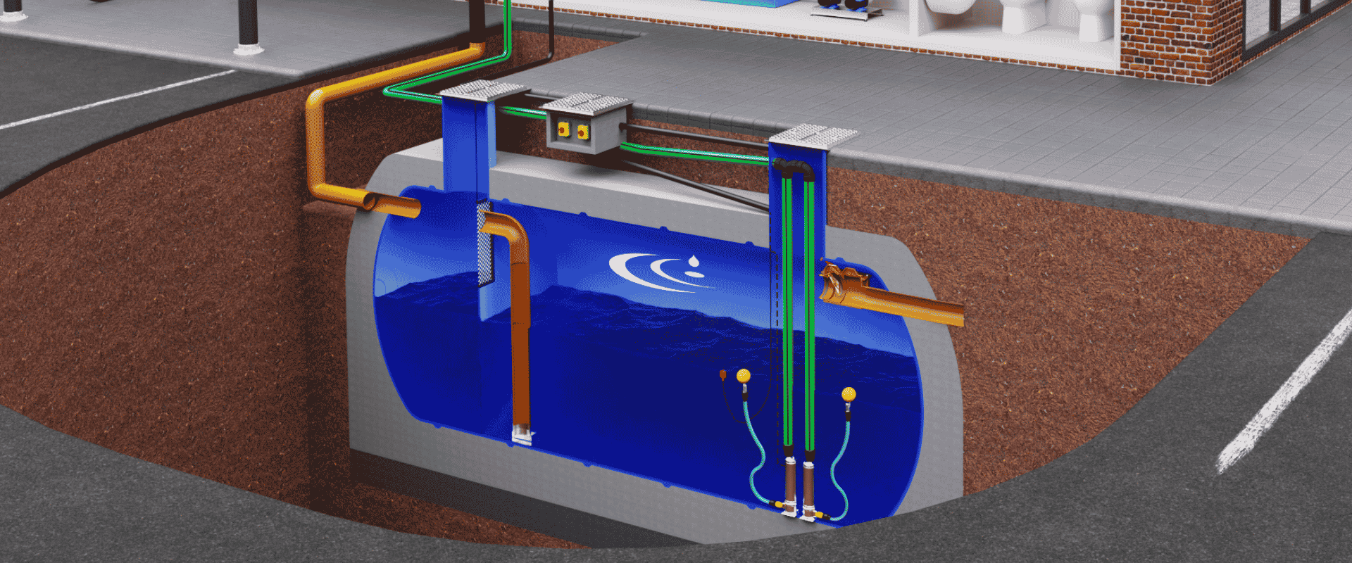 a diagram showing a rainwater harvesting storage tank which is located below ground. the diagram shows a cut through of the tank, showing the internals of the tank, including key components such as the pre-tank filter, inlet calmer, floating suction filter, and submersible pumps.